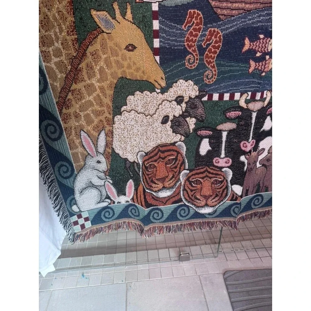 Vintage Folkart‎ American Weavers Noah's Ark Tapestry Throw Blanket Americana